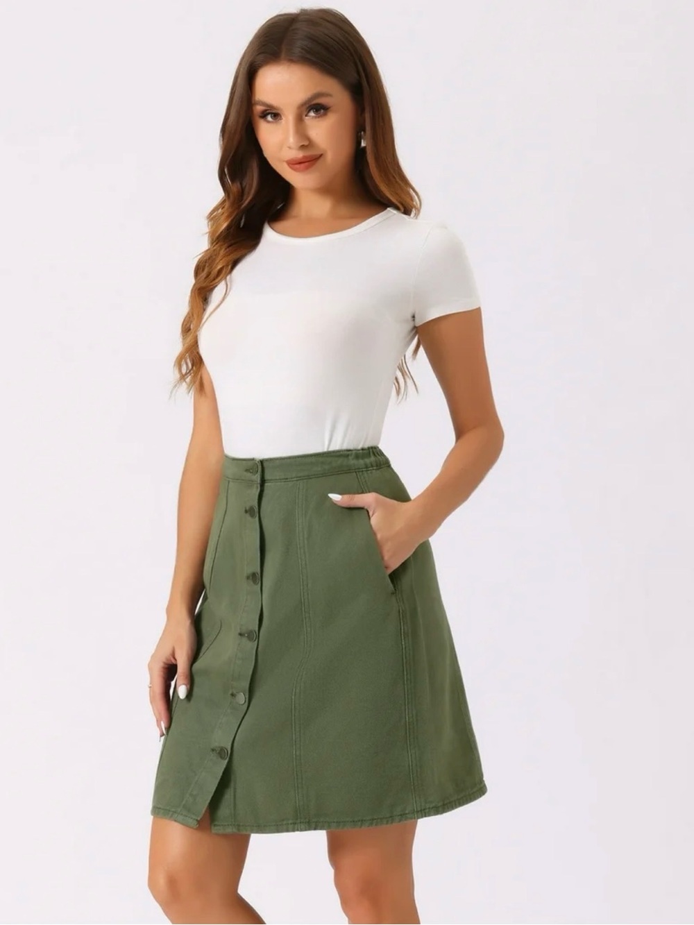 Isaac Mizrahi Olive Green A-Line Button-Front Skirt